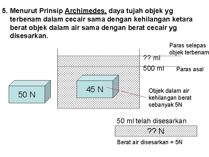 5. Menurut Prinsip Archimedes, daya tujah objek yg terbenam dalam cecair sama dengan kehilangan