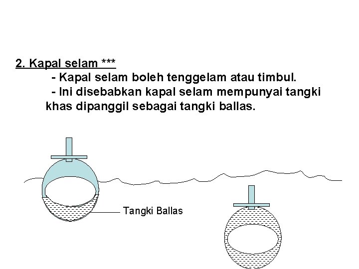 2. Kapal selam *** - Kapal selam boleh tenggelam atau timbul. - Ini disebabkan