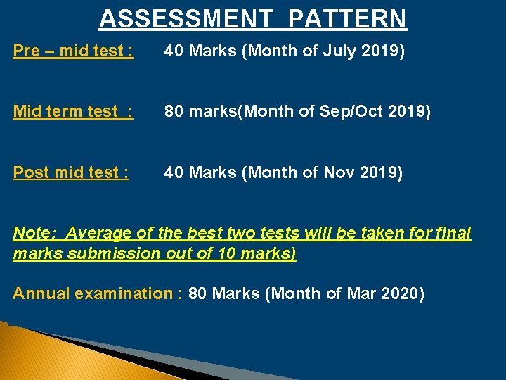 ASSESSMENT PATTERN Pre – mid test : 40 Marks (Month of July 2019) Mid