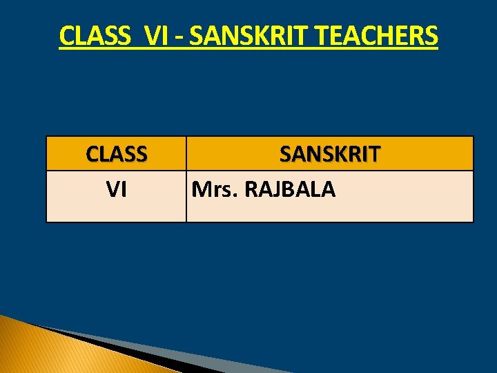 CLASS VI - SANSKRIT TEACHERS CLASS VI SANSKRIT Mrs. RAJBALA 