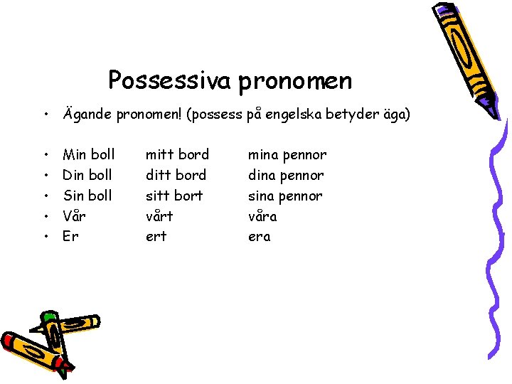 Possessiva pronomen • Ägande pronomen! (possess på engelska betyder äga) • • • Min