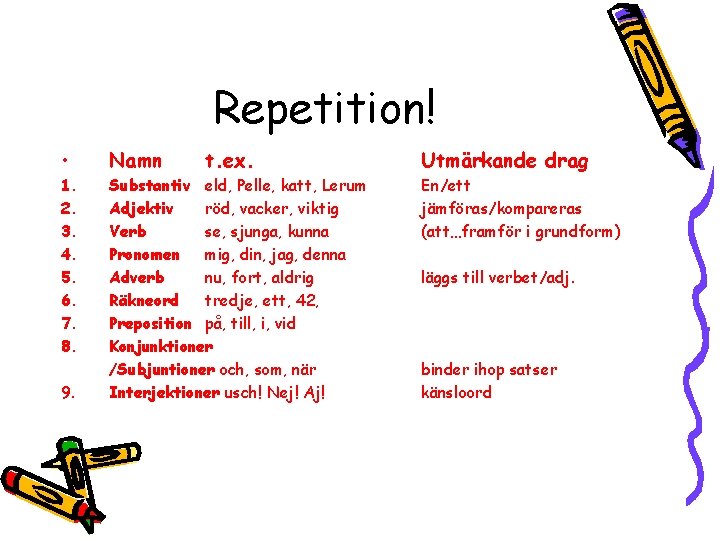 Repetition! • Namn 9. Substantiv eld, Pelle, katt, Lerum Adjektiv röd, vacker, viktig Verb