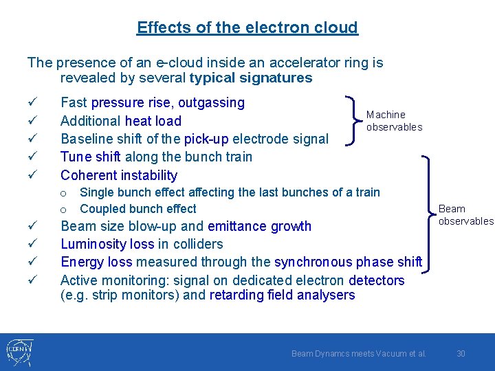 Effects of the electron cloud The presence of an e-cloud inside an accelerator ring