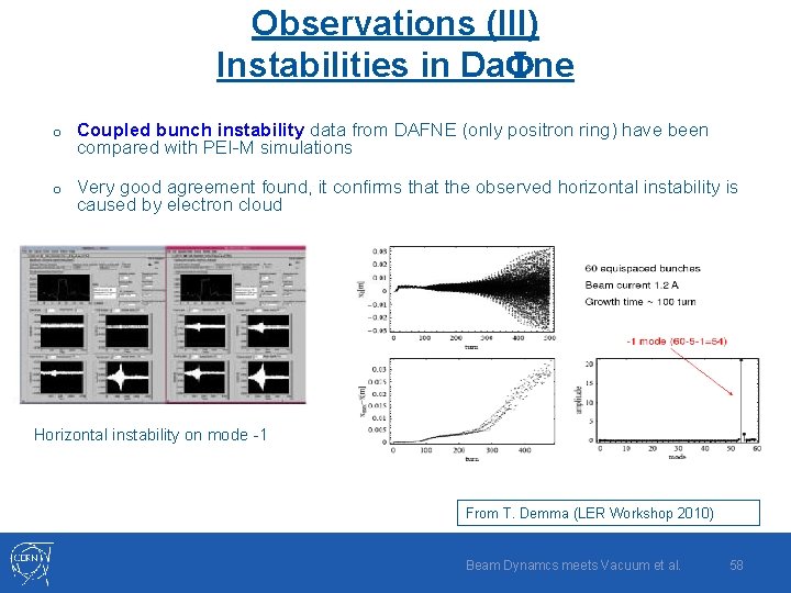 Observations (III) Instabilities in Da. Fne o Coupled bunch instability data from DAFNE (only