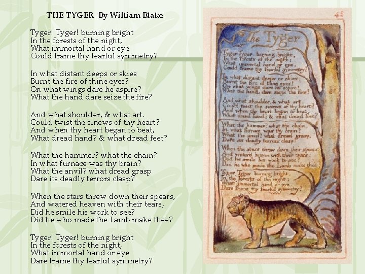 THE TYGER By William Blake Tyger! burning bright In the forests of the night,