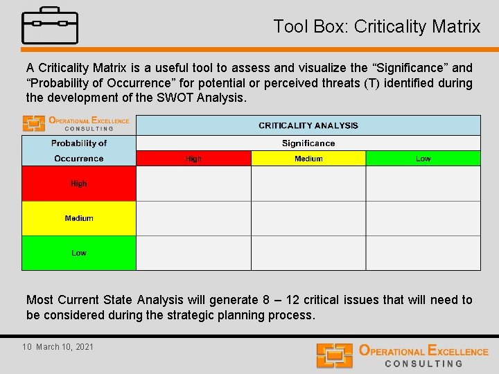 Tool Box: Criticality Matrix A Criticality Matrix is a useful tool to assess and