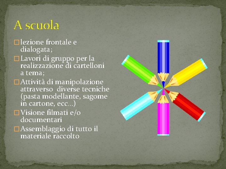 A scuola � lezione frontale e dialogata; � Lavori di gruppo per la realizzazione