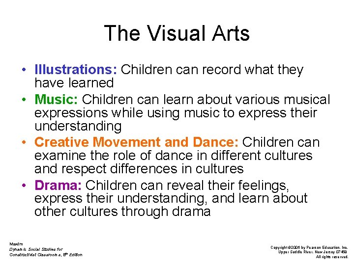The Visual Arts • Illustrations: Children can record what they have learned • Music:
