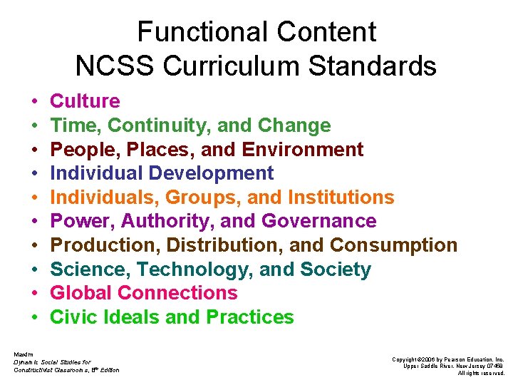 Functional Content NCSS Curriculum Standards • • • Culture Time, Continuity, and Change People,