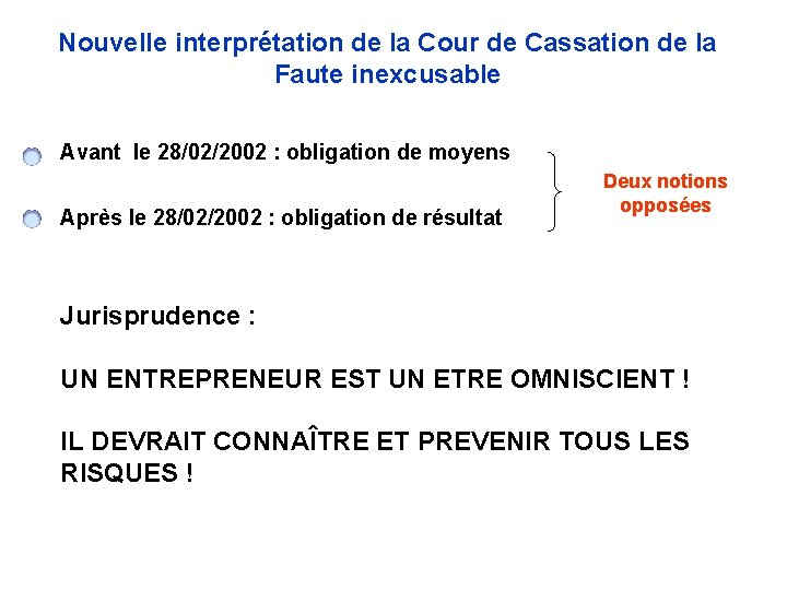 Nouvelle interprétation de la Cour de Cassation de la Faute inexcusable Avant le 28/02/2002 Nouvelle interprétation de la Cour de Cassation de la Faute inexcusable Avant le 28/02/2002