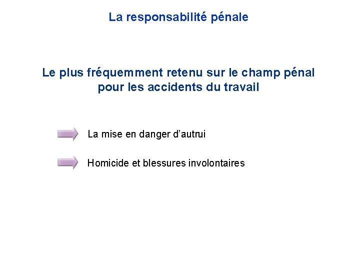 La responsabilité pénale Le plus fréquemment retenu sur le champ pénal pour les accidents La responsabilité pénale Le plus fréquemment retenu sur le champ pénal pour les accidents
