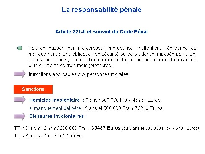 La responsabilité pénale Article 221 -6 et suivant du Code Pénal Fait de causer, La responsabilité pénale Article 221 -6 et suivant du Code Pénal Fait de causer,