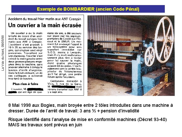 La Voix du Nord, 09/05/98 Exemple de BOMBARDIER (ancien Code Pénal) 8 Mai 1998 La Voix du Nord, 09/05/98 Exemple de BOMBARDIER (ancien Code Pénal) 8 Mai 1998