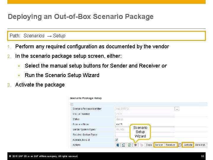 Deploying an Out-of-Box Scenario Package Path: Scenarios → Setup 1. Perform any required configuration