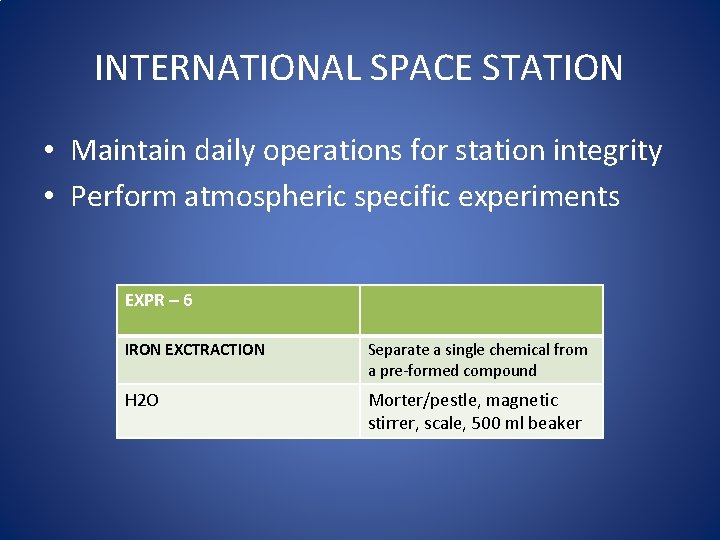 INTERNATIONAL SPACE STATION • Maintain daily operations for station integrity • Perform atmospheric specific