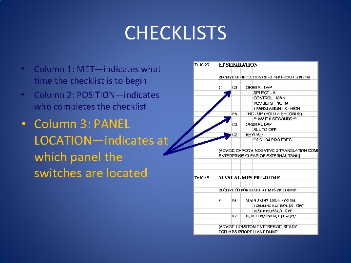 CHECKLISTS • Column 1: MET—indicates what time the checklist is to begin • Column