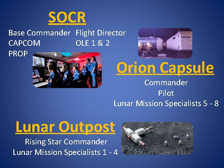 SOCR Base Commander Flight Director CAPCOM OLE 1 & 2 PROP Orion Capsule Commander