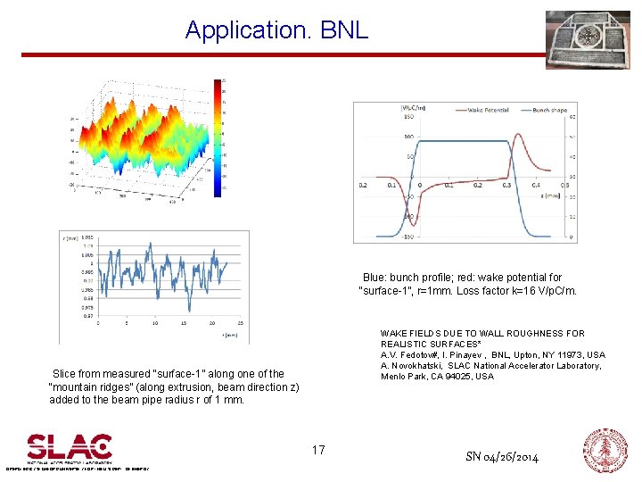 Application. BNL Blue: bunch profile; red: wake potential for “surface-1”, r=1 mm. Loss factor