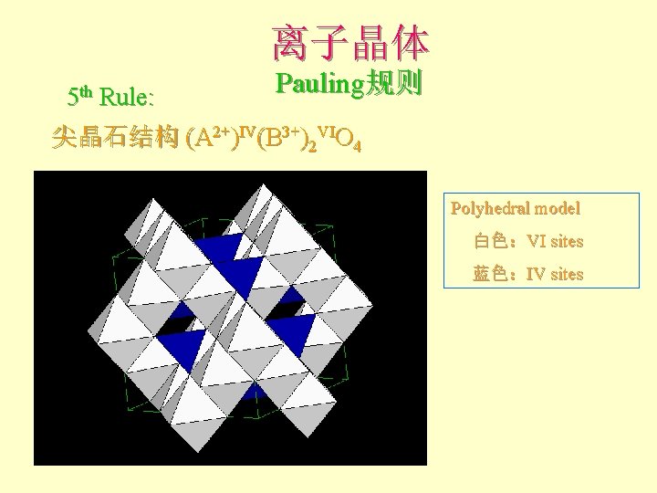 离子晶体 5 th Rule: Pauling规则 尖晶石结构 (A 2+)IV(B 3+)2 VIO 4 Polyhedral model 白色:VI 离子晶体 5 th Rule: Pauling规则 尖晶石结构 (A 2+)IV(B 3+)2 VIO 4 Polyhedral model 白色:VI