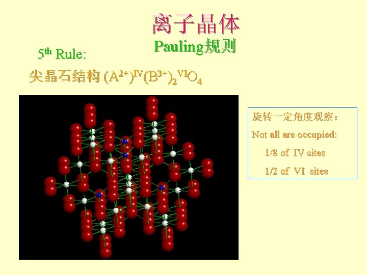 离子晶体 5 th Rule: Pauling规则 尖晶石结构 (A 2+)IV(B 3+)2 VIO 4 旋转一定角度观察: Not all 离子晶体 5 th Rule: Pauling规则 尖晶石结构 (A 2+)IV(B 3+)2 VIO 4 旋转一定角度观察: Not all