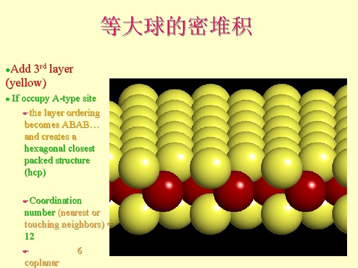 等大球的密堆积 Add 3 rd layer (yellow) l If occupy A-type site Fthe layer ordering 等大球的密堆积 Add 3 rd layer (yellow) l If occupy A-type site Fthe layer ordering