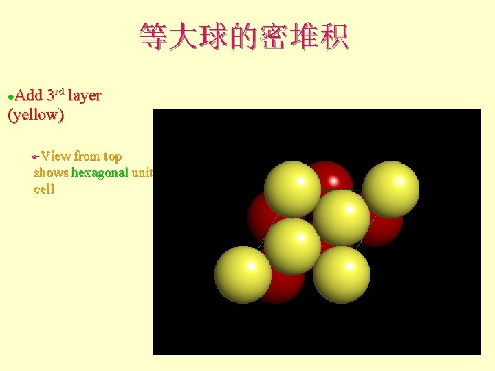 等大球的密堆积 Add 3 rd layer (yellow) l View from top shows hexagonal unit cell 等大球的密堆积 Add 3 rd layer (yellow) l View from top shows hexagonal unit cell