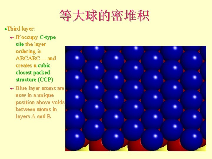 等大球的密堆积 Third layer: F If occupy C-type site the layer ordering is ABCABC… and 等大球的密堆积 Third layer: F If occupy C-type site the layer ordering is ABCABC… and