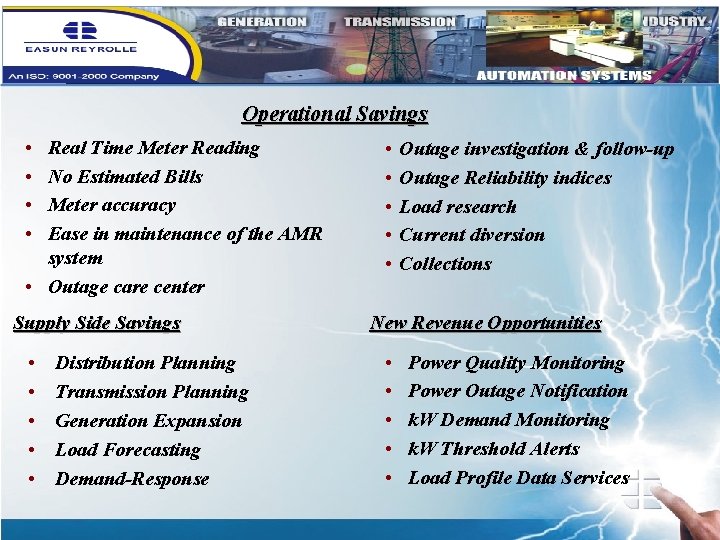 Operational Savings • • Real Time Meter Reading No Estimated Bills Meter accuracy Ease
