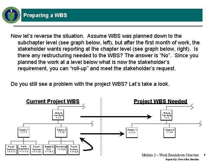 Preparing a WBS Now let’s reverse the situation. Assume WBS was planned down to