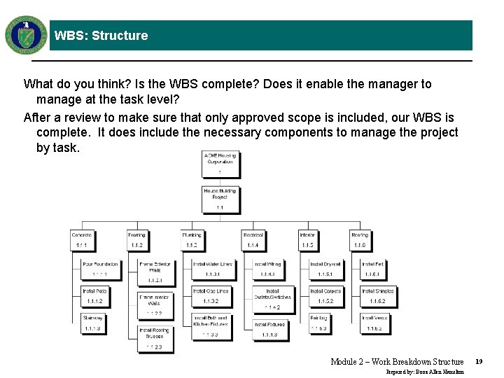 WBS: Structure What do you think? Is the WBS complete? Does it enable the