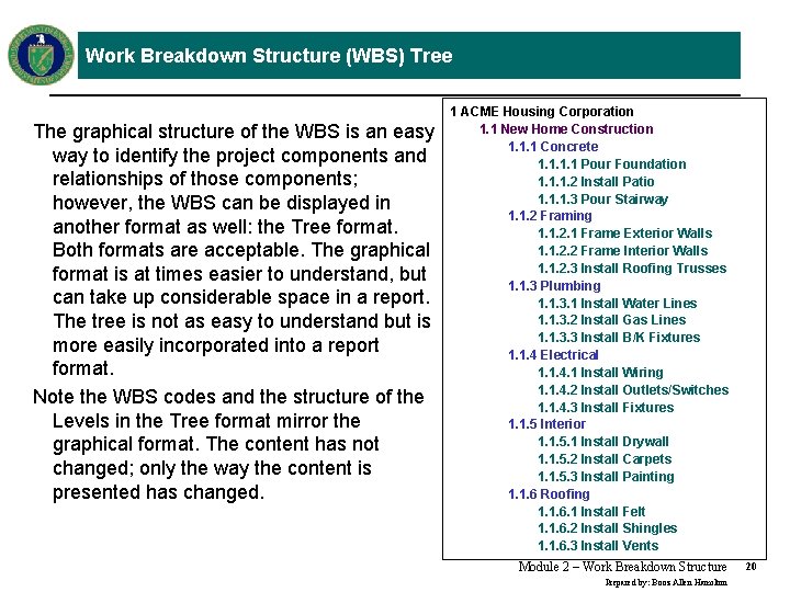 Work Breakdown Structure (WBS) Tree The graphical structure of the WBS is an easy