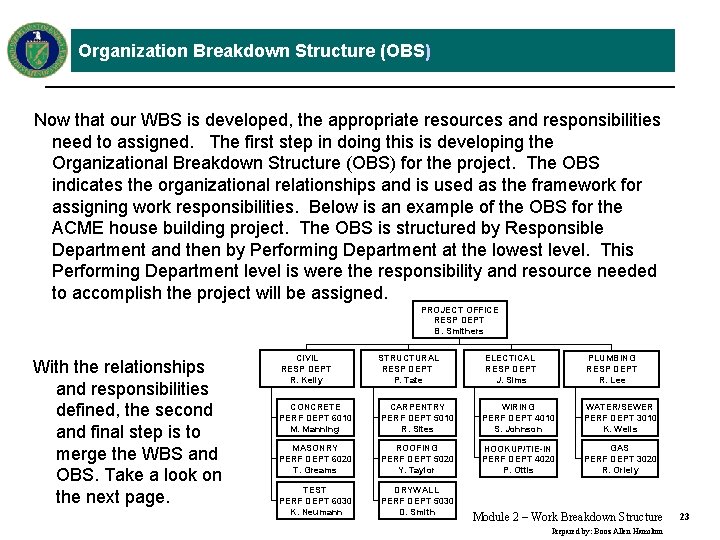 Organization Breakdown Structure (OBS) Now that our WBS is developed, the appropriate resources and