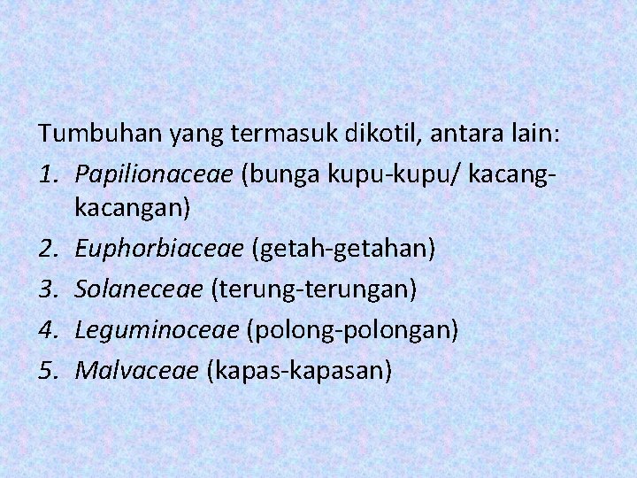 Tumbuhan yang termasuk dikotil, antara lain: 1. Papilionaceae (bunga kupu-kupu/ kacangan) 2. Euphorbiaceae (getah-getahan)