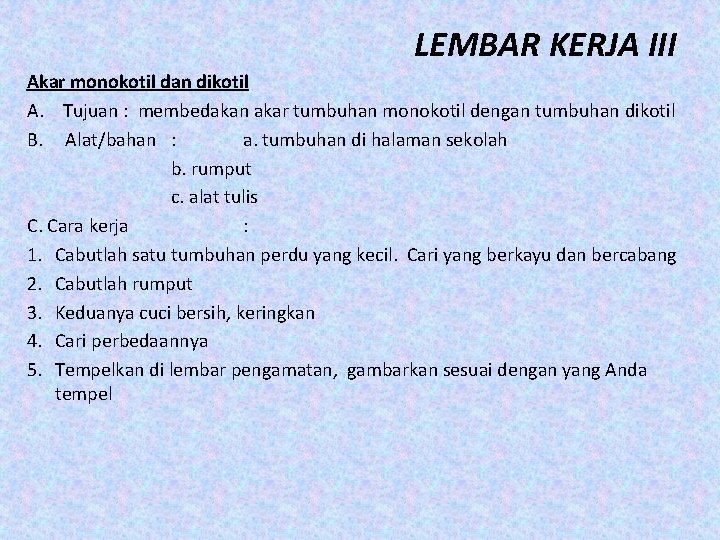 LEMBAR KERJA III Akar monokotil dan dikotil A. Tujuan : membedakan akar tumbuhan monokotil