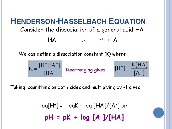 HENDERSON-HASSELBACH EQUATION Consider the dissociation of a general acid HA HA H + +