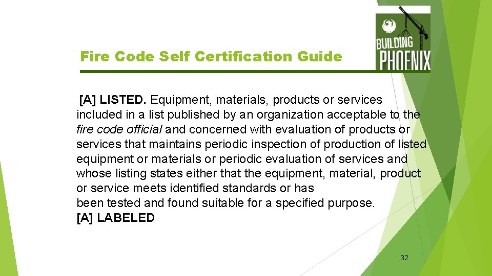 Fire Code Self Certification Guide [A] LISTED. Equipment, materials, products or services included in