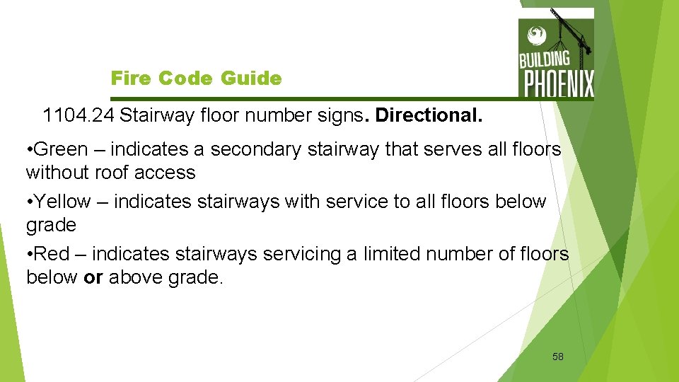 Fire Code Guide 1104. 24 Stairway floor number signs. Directional. • Green – indicates