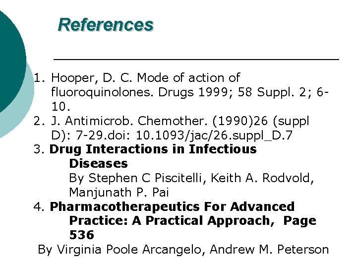 References 1. Hooper, D. C. Mode of action of fluoroquinolones. Drugs 1999; 58 Suppl.