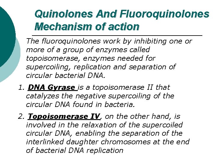 Quinolones And Fluoroquinolones Mechanism of action The fluoroquinolones work by inhibiting one or more