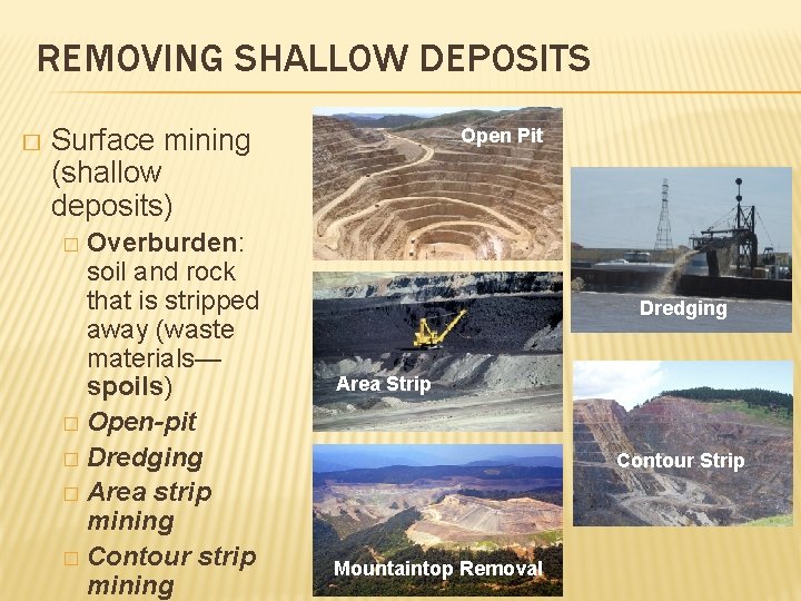 REMOVING SHALLOW DEPOSITS � Surface mining (shallow deposits) Overburden: soil and rock that is