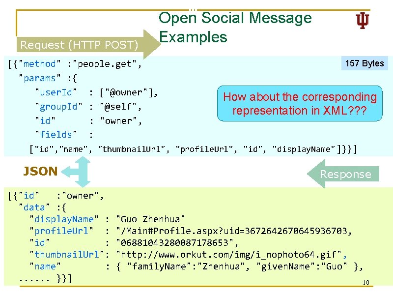 Request (HTTP POST) Open Social Message Examples 157 Bytes [{"method" : "people. get", "params"