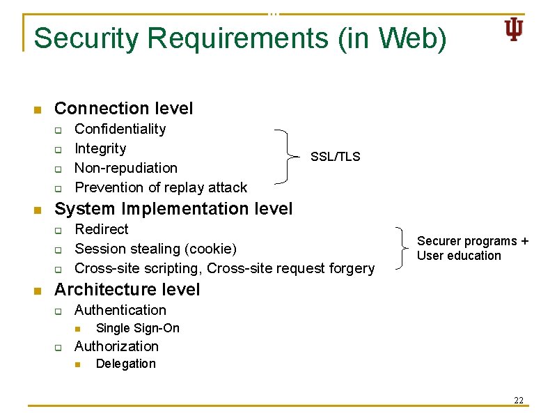 Security Requirements (in Web) n Connection level q q n SSL/TLS System Implementation level