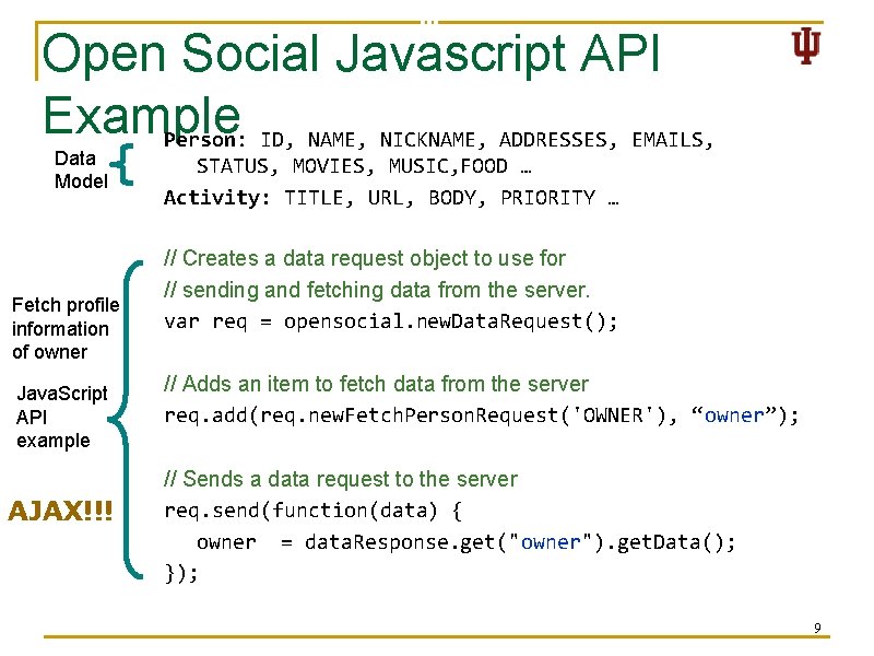 Open Social Javascript API Example Person: ID, NAME, NICKNAME, ADDRESSES, EMAILS, Data Model Fetch