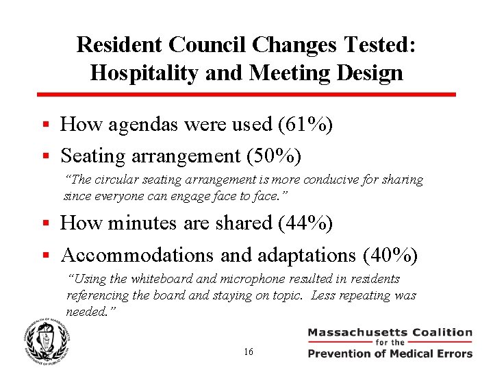 Resident Council Changes Tested: Hospitality and Meeting Design How agendas were used (61%) §