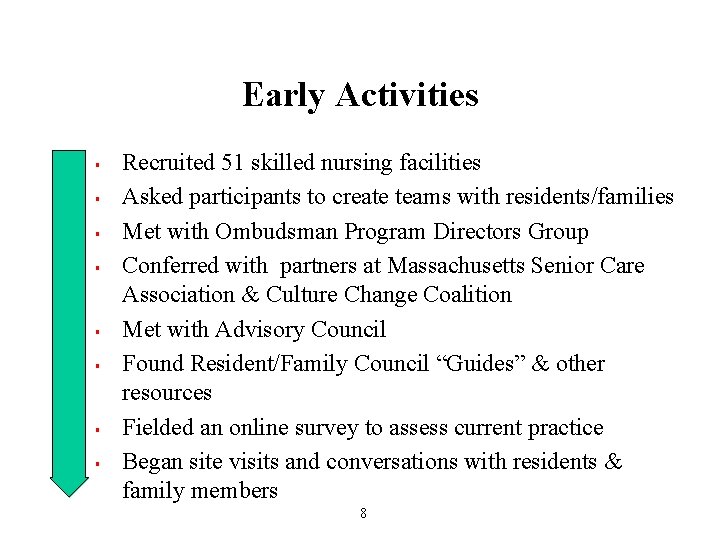 Early Activities § § § § Recruited 51 skilled nursing facilities Asked participants to