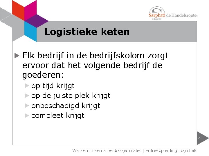 Logistieke keten Elk bedrijf in de bedrijfskolom zorgt ervoor dat het volgende bedrijf de Logistieke keten Elk bedrijf in de bedrijfskolom zorgt ervoor dat het volgende bedrijf de