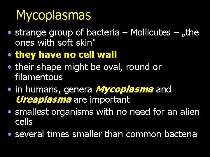 Mycoplasmas • strange group of bacteria – Mollicutes – „the ones with soft skin"