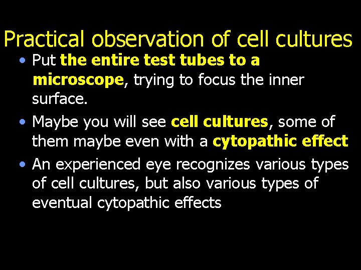 Practical observation of cell cultures • Put the entire test tubes to a microscope,
