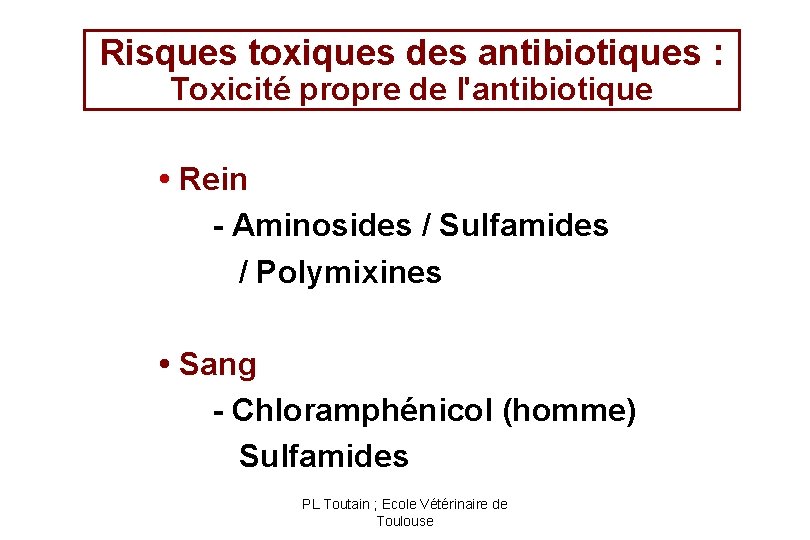 Risques toxiques des antibiotiques : Toxicité propre de l'antibiotique • Rein - Aminosides /