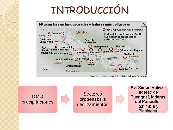 INTRODUCCIÓN DMQ precipitaciones Sectores propensos a deslizamientos Av. Simón Bolívar laderas de Puengasí, laderas